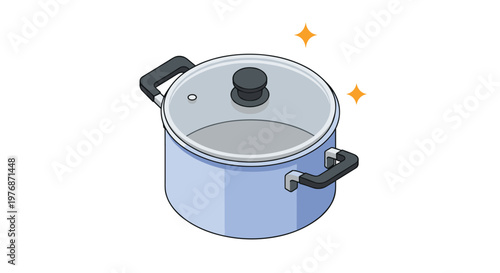 Kitchenware and household cooking equipment illustration featuring a modern blue stainless steel pot with a glass lid.