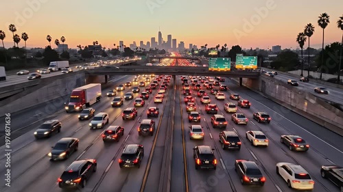 A vibrant aerial view captures a dense rush hour traffic jam on a Los Angeles highway at dusk, with the city skyline illuminated in the background.