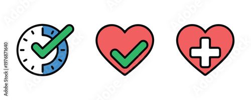 Medical health check icons with heart clock and cross symbol for clinical diagnosis and healthcare monitoring.