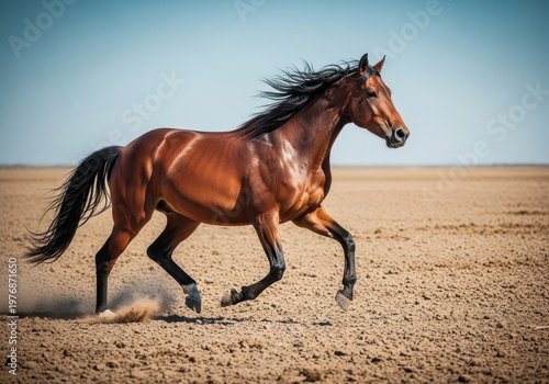 Powerful brown horse trotting through dry earth, its mane and tail flowing, showcasing the dynamic movement of the animal, dark, flowing, wildlife