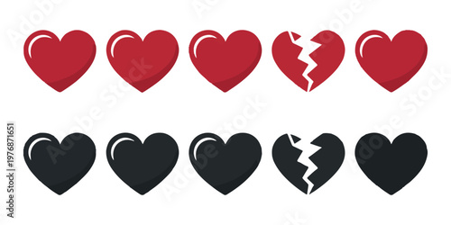 Heart icon collection showing health and broken emotions with red and black color variations for game design.