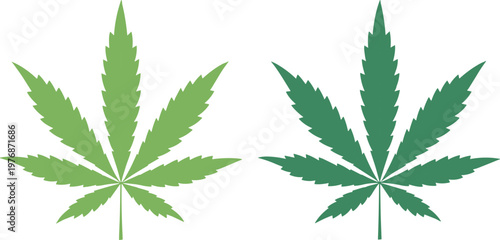 Set of three cannabis marijuana hemp leaves in different colors black light green and dark green cad drawing flat vector illustration isolated