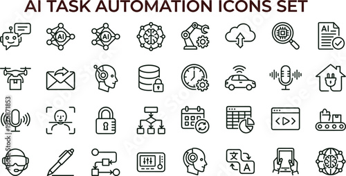 AI task automation outline vector icon set for workflow analytics dashboards interfaces monitoring systems and digital technology applications