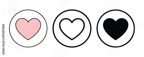 Pink heart circle icon set with outline and solid black versions for dating apps and romantic notifications.