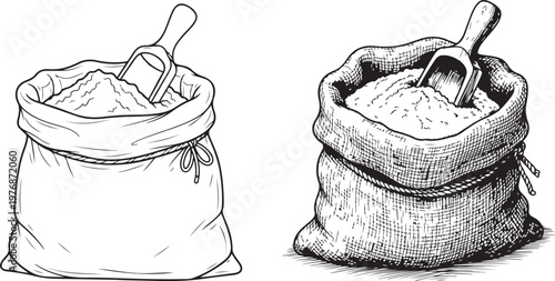 Flour sack sketch, hand drawn style with scoop and spilled flour — stock vector