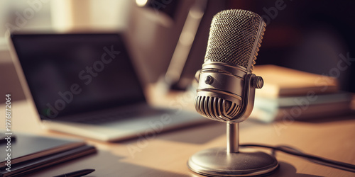 Podcast Setup with Microphone and Laptop Warm Lighting Cozy Workspace Scene