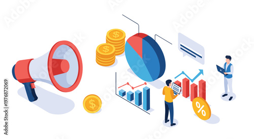 Business marketing and financial growth analysis concept with people using a megaphone and charts to track success.