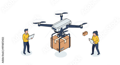 Logistics team operates a large hexacopter delivery drone carrying a cardboard package using digital tablets.