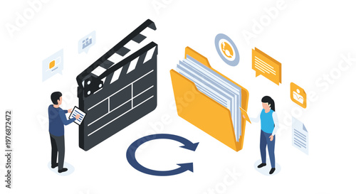 Media production professionals manage video files and documents using a large clapperboard and digital folder system.