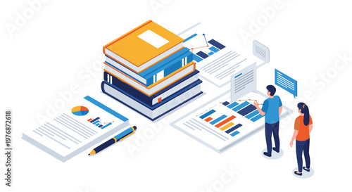 Students or researchers analyze diverse data charts and reports next to a large stack of educational books.