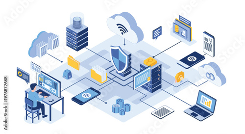 Detailed network infrastructure diagram showing cloud storage, cybersecurity, mobile devices, and server connections.