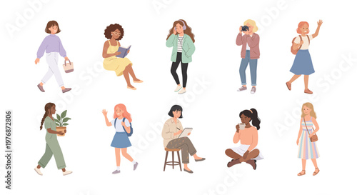 Diverse Women Characters Lifestyle Activities Set Illustration