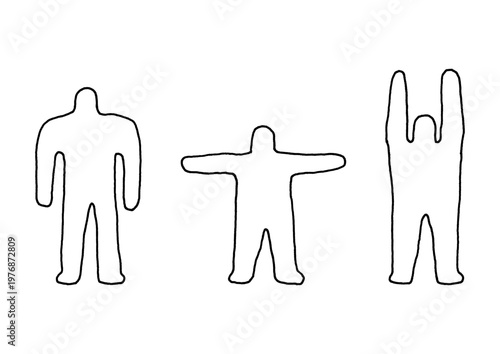 3パターンのポーズをとっている大きな人型のゆるい手描きイラスト
