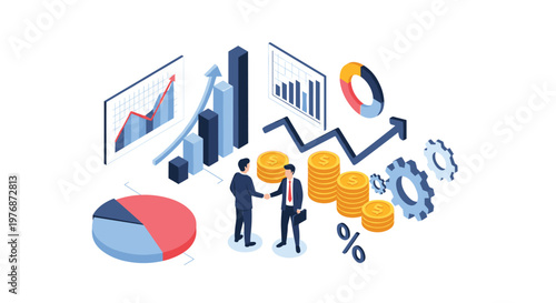 Business partners shake hands to finalize a financial deal surrounded by growth charts and golden coin stacks.