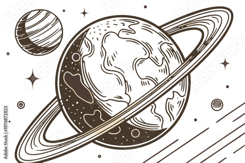 Detailed space exploration line art of Earth with celestial rings and distant planets