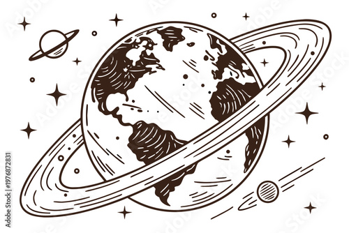 Artistic Earth globe with Saturn-like rings vector drawing isolated on white