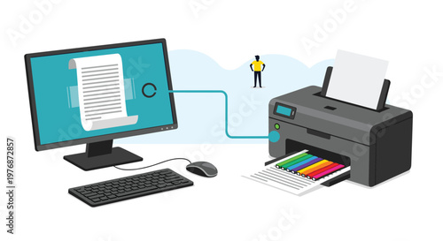 Computer desktop sends a digital document to a printer which outputs a vibrant professional color chart.