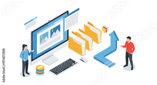 Digital asset management team presents organized file folders and images on a large professional computer monitor.