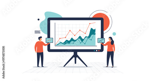 Professional analysts present a detailed multi layered data chart on a large digital screen for business review.