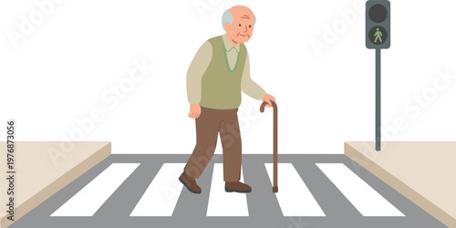 Elderly man walking with cane across city street crosswalk