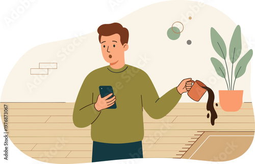 Man holds phone while pouring dirt from pot with plant on table indoors