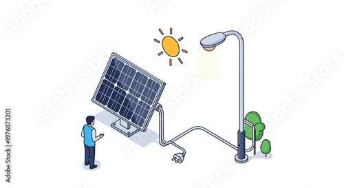 Sustainable energy engineer inspects a solar panel system powering an eco-friendly LED street light.