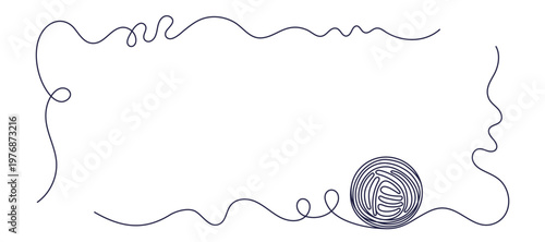 Wavy yarn lines and thread border create abstract doodle art. Hand drawn wool curves form vintage knitting corners with tangled string element in isolated vector design. Vector frame. Editable stroke