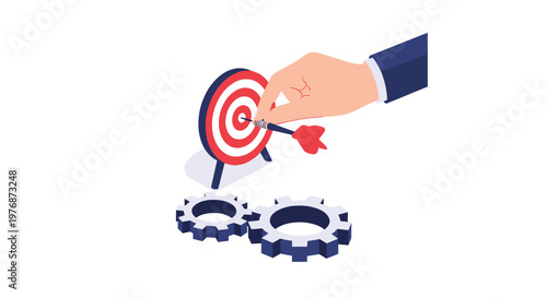 Human hand precisely places a dart in the center of a target above interlocking gears representing strategic success.