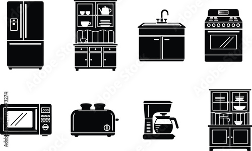 Vector Black Silhouette Collection of Modern Kitchen Appliances and Furniture Featuring Refrigerator, Oven Stove, Microwave, Toaster, Coffee Maker, Sink Cabinet, and Classic Wooden Hutch Displays.