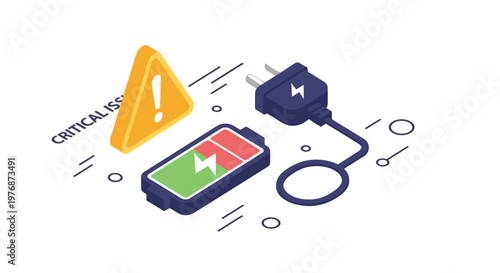 Critical issue warning shown with a low battery indicator and a disconnected power plug on a technical background.