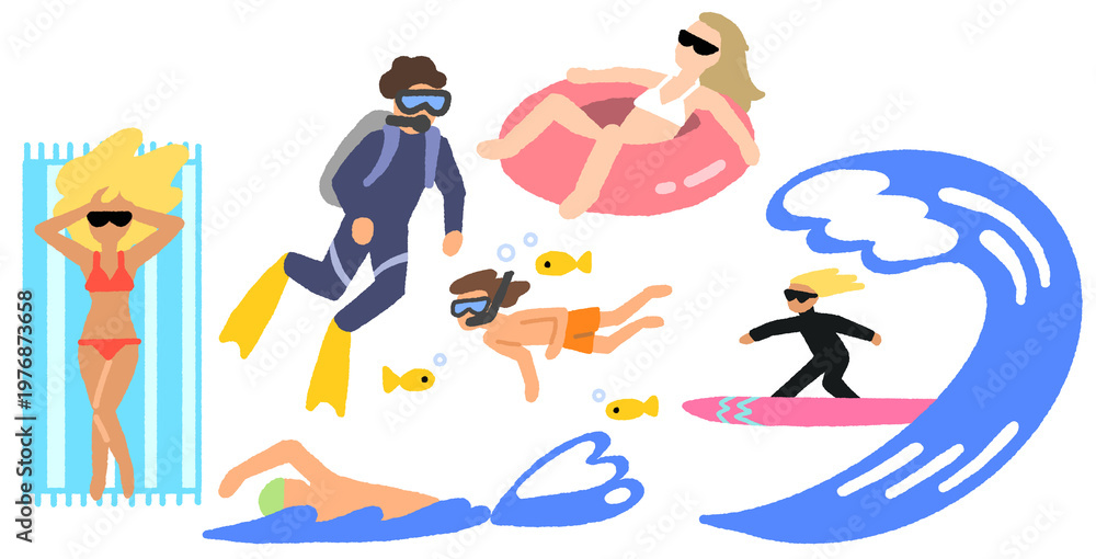 Obraz premium Underwater Swimming and Snorkeling Scene with Cute Marine Life Illustration