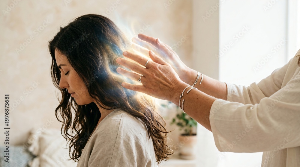 Fototapeta premium Healer performing energy therapy on woman. Hands of man over head of girl with glowing aura light. Holistic medicine, spiritual healing, reiki session, stress relief and mind recovery.