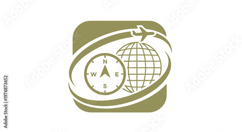 Travel and navigation symbol with compass and globe in a square.