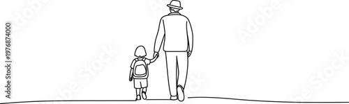 Grandfather and grandchild walking together holding hands on a path