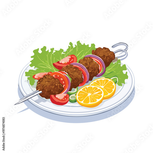 Delicious skewer with meat vegetables and lemon slices served on plate