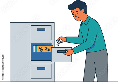 Man opening drawer cabinet with keys and files inside office