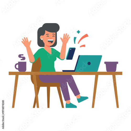 Woman celebrates with hands raised beside laptop and mug at desk