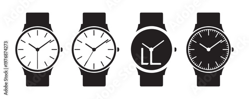 Set of four black wrist watch icons with different styles and details on transparent background, vector illustration.
