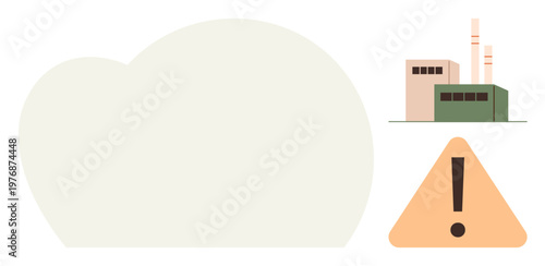 Environmental risk, industrial pollution, air quality issues, climate change, hazard alert, sustainability. Factory with smoke cloud and hazard exclamation symbol. Industrial pollution and hazard