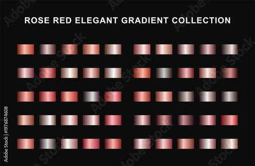 Rose red metallic gradient swatch collection graphic asset. Features fifty rectangular pink color blocks on black background for luxury branding.
