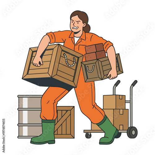 A woman in orange overalls is moving boxes on a dolly outdoors with determination.