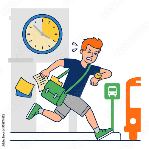 Man rushing to catch bus at station with clock in background