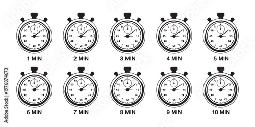 Stopwatch icons showing progression from one to ten minutes for sports and cooking timing needs on background.