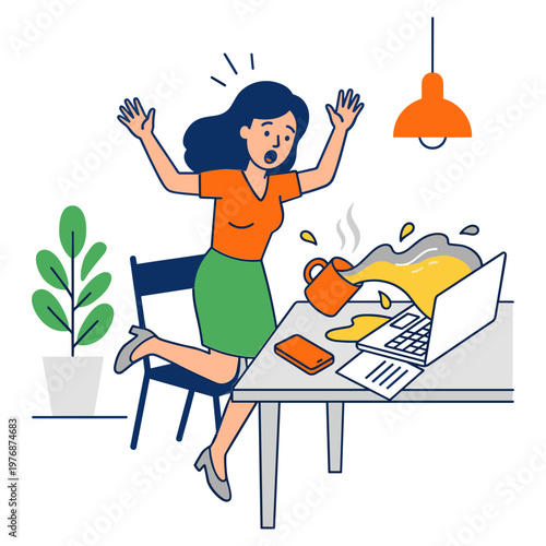 Woman spills coffee on laptop at office desk in shock