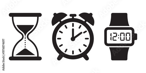 Icons of sand timer vintage alarm clock and electronic wrist watch isolated on a transparent background grid.