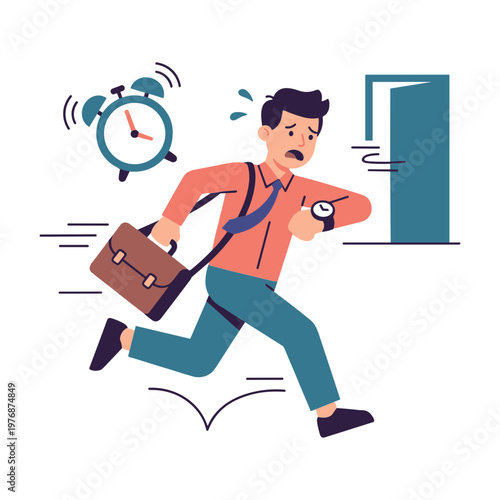 Man rushing to work with briefcase and clock in background