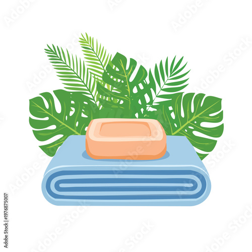 Soap bar on towel with green foliage spa treatment vector illustration