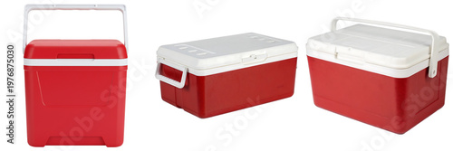 Fotografía A diverse set of three red and white portable ice chests or coolers, ideal for various outdoor activities
