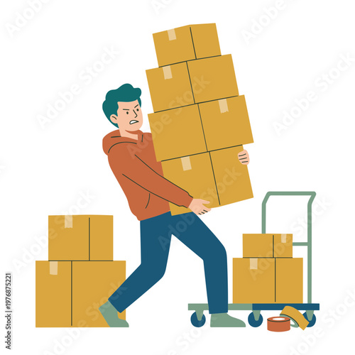 Man loading boxes onto a dolly in a warehouse environment