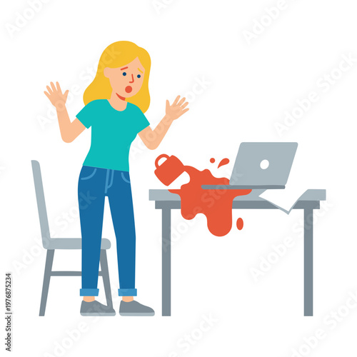 Woman shocked by spilled coffee on laptop at office desk indoors